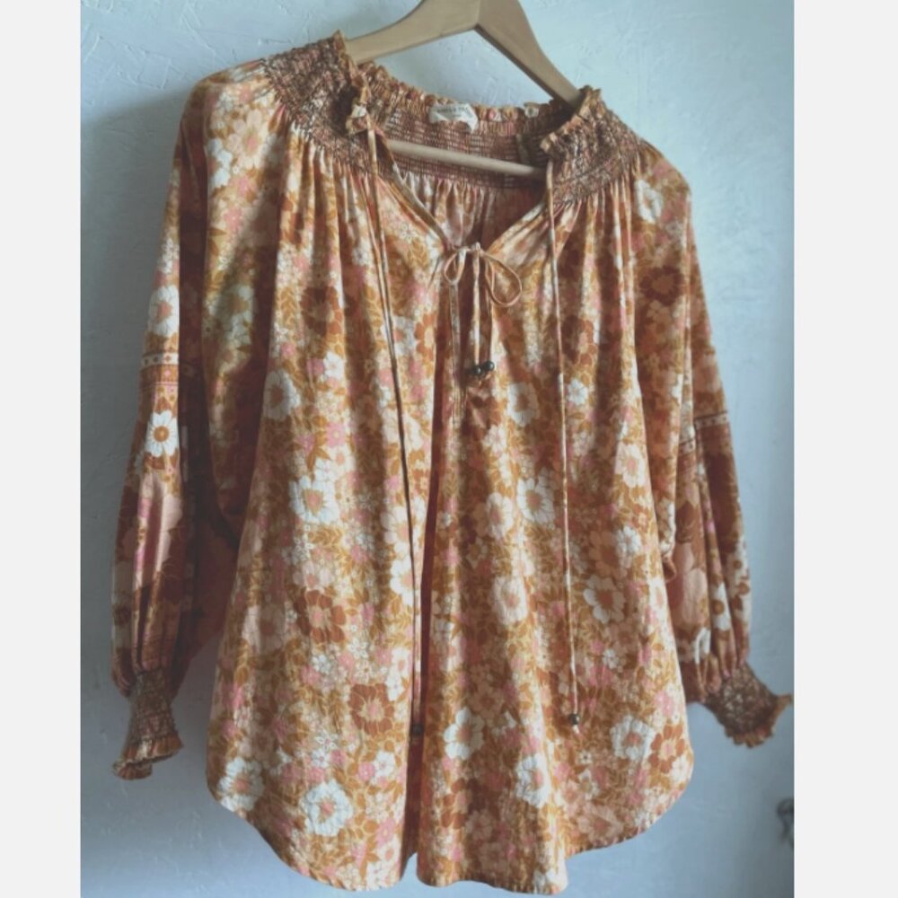 Spell and the Gypsy Collective Anne Blouse Med. Peach Floral Boho Organic Cotton